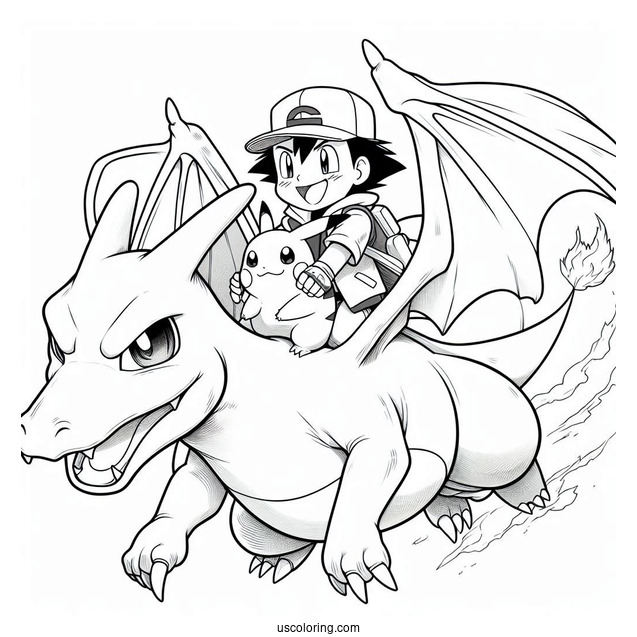 Coloring Sheet Of Ash And PIkachu Riding Charizard