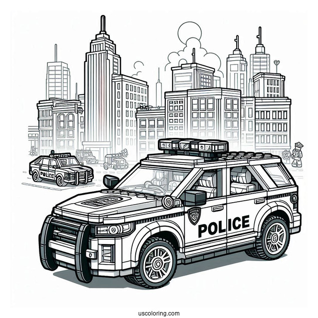 Detailed Lego Police Car Coloring Page Parked In The City