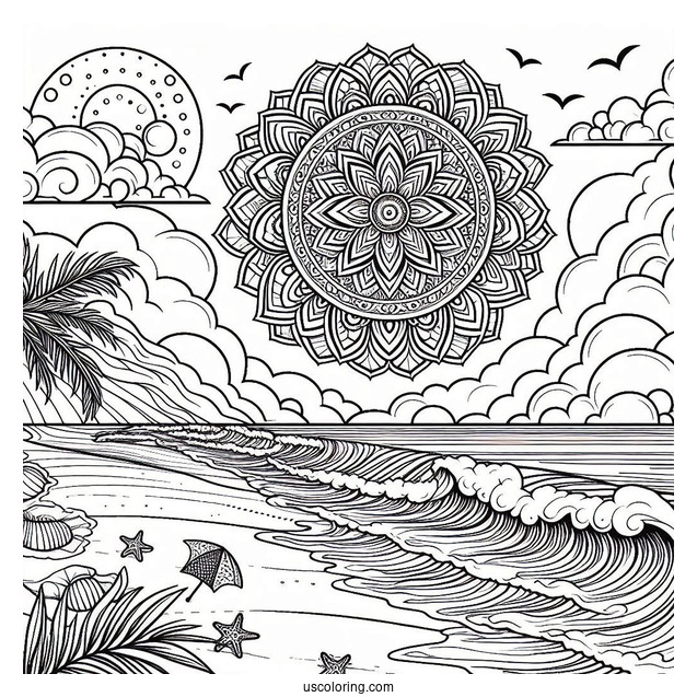 Beach Coloring Page Mandala With Large Waves