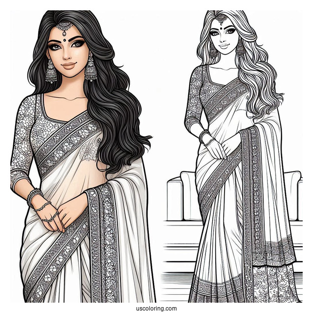 Indian Woman Wearing Elegant Sari Dress Coloring Page