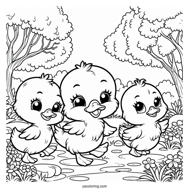 Three Little Ducklings In The Forest Coloring Sheet For Kids