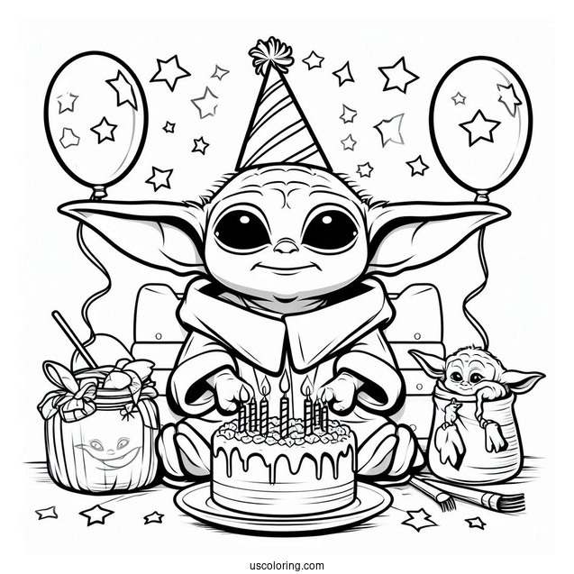 Happy Birthday Baby Yoda Coloring Page