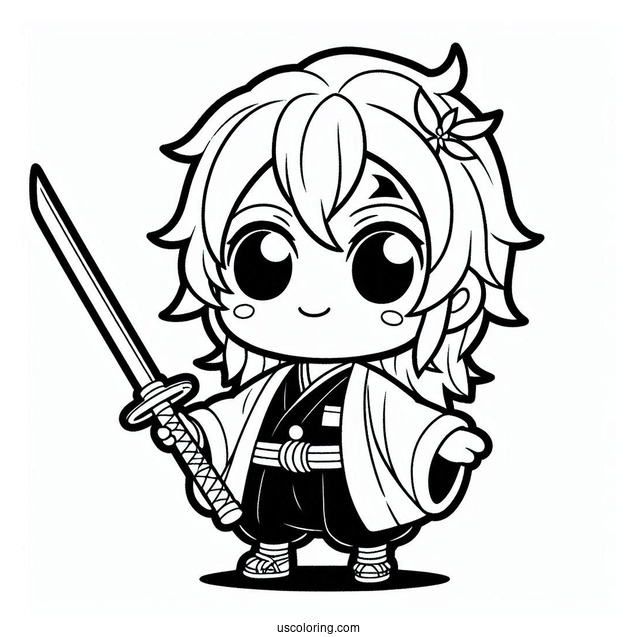 Kawaii Tanjiro Coloring Page Using Nichirin Sword For Kids