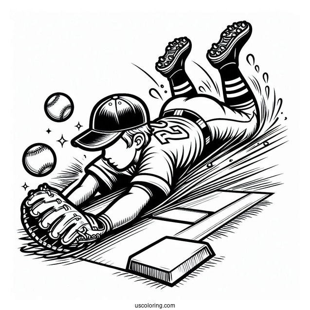 Baseball Coloring Page Of Player Sliding into Home Plate For Kids