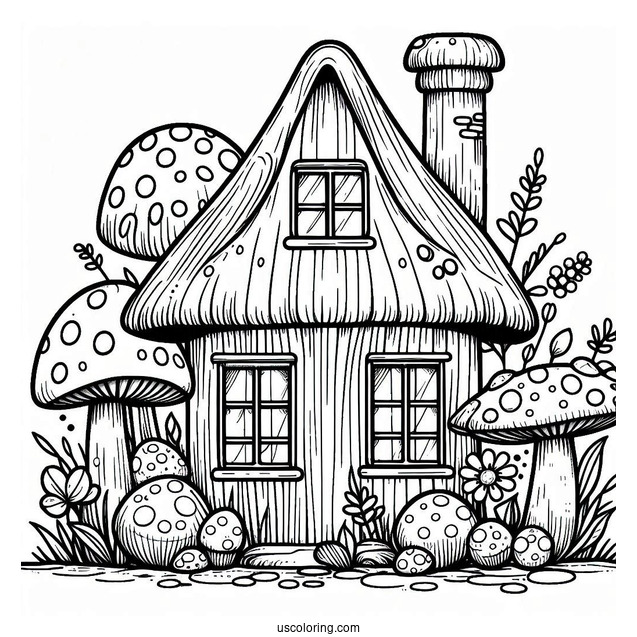 Mushroom Coloring Page House With Two Windows