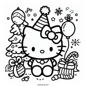 Kawaii Hello Kitty With Party Hat On New Year Coloring Page