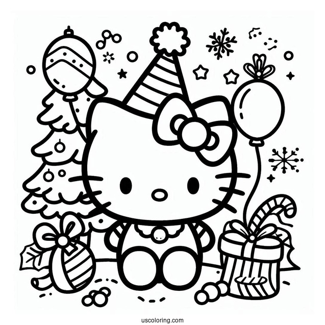Kawaii Hello Kitty With Party Hat On New Year Coloring Page