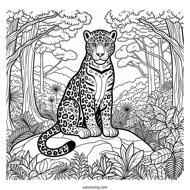 Jaguar Sitting In The Jungle Coloring Page