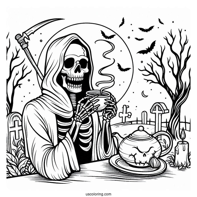 Skeleton Coloring Page Of Grim Reaper Drinking Tea In Cemetery Halloween