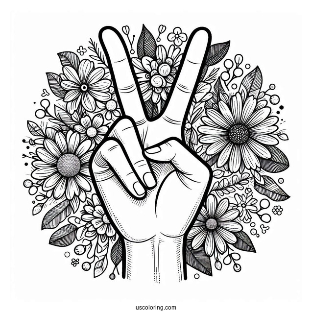 Realistic Hand Making Peace Coloring Page Sign While Covered In Flowers