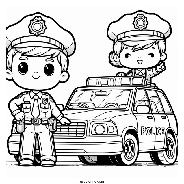 Cartoon Police Officer Next To His Police Car Coloring Page