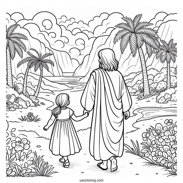 Jesus Coloring Page Walking With A Little Girl In Paradise