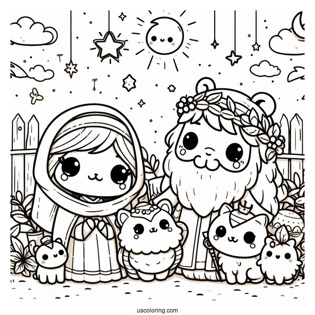 Kawaii Nativity Coloring Page With Animals Surrounding Joseph, Mary, And Jesus For Kids