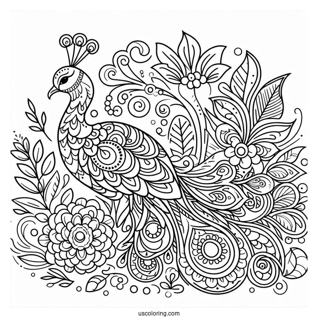 Peacock Coloring Page in Ornamental Mandala Style With Floral Pattern