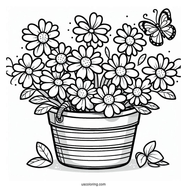 Flower Coloring Pages Of Daisies In Cartoon Pot With Butterfly