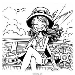 One Piece Coloring Page Of Smiling Nami On Pirate Ship