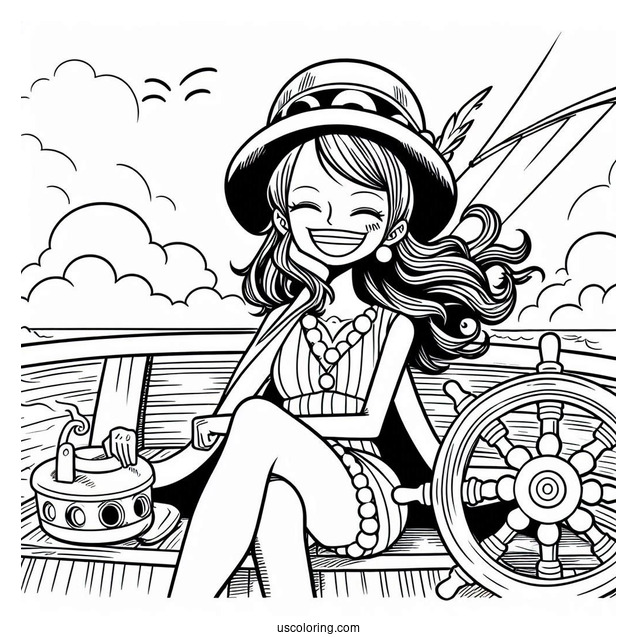 One Piece Coloring Page Of Smiling Nami On Pirate Ship