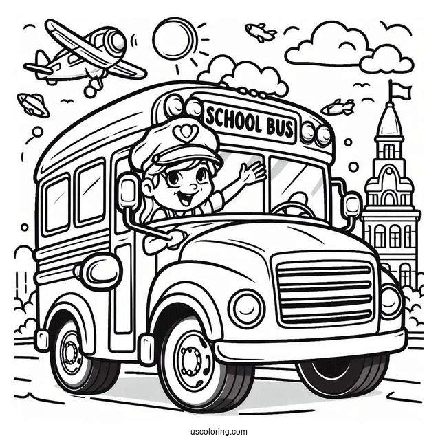 Friendly School Bus Coloring Page Driver Waving