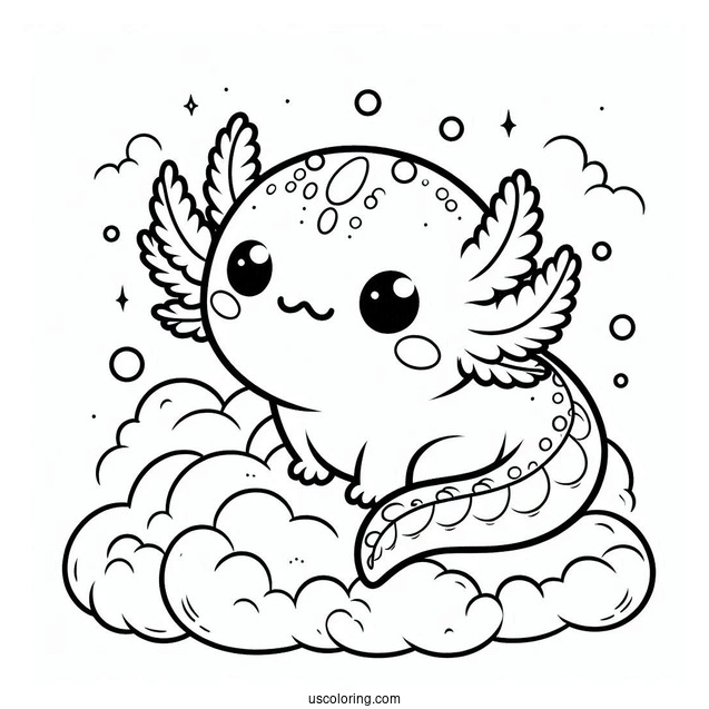 Kawaii Baby Axolotl Coloring Page In The Clouds For Kids