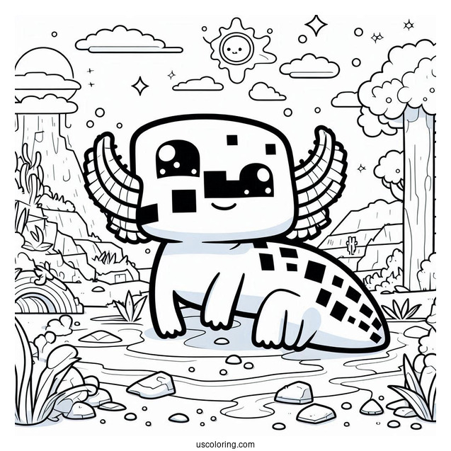 Easy Minecraft Axolotl Coloring Page For Kids