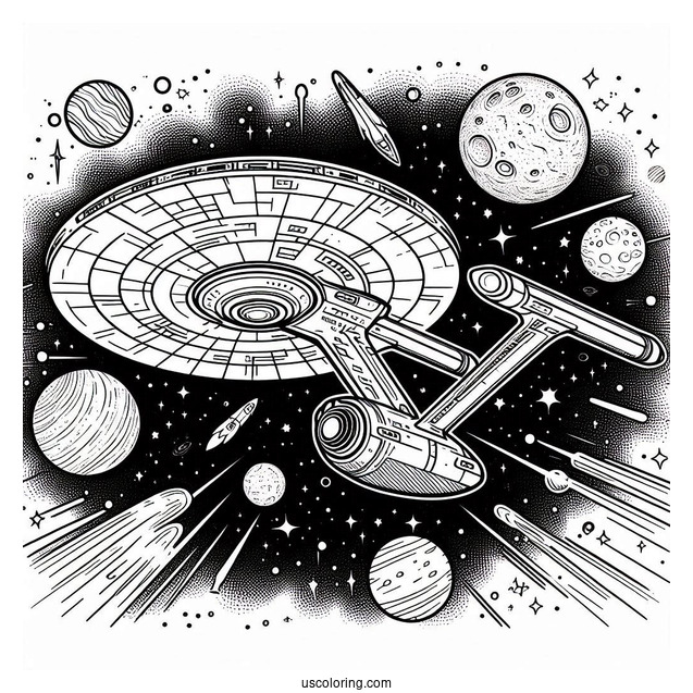 Star Trek Coloring Page Of USS Enterprise In Outer Space For Kids