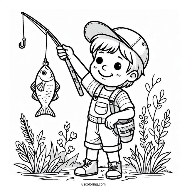 Fishing Coloring Page Of Boy Holding Up Fish With A Hook For Preschoolers