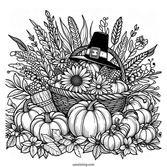 Pilgrim Coloring Page Of Cornucopia Filled With Pumpkins, Flowers, And Other Harvest