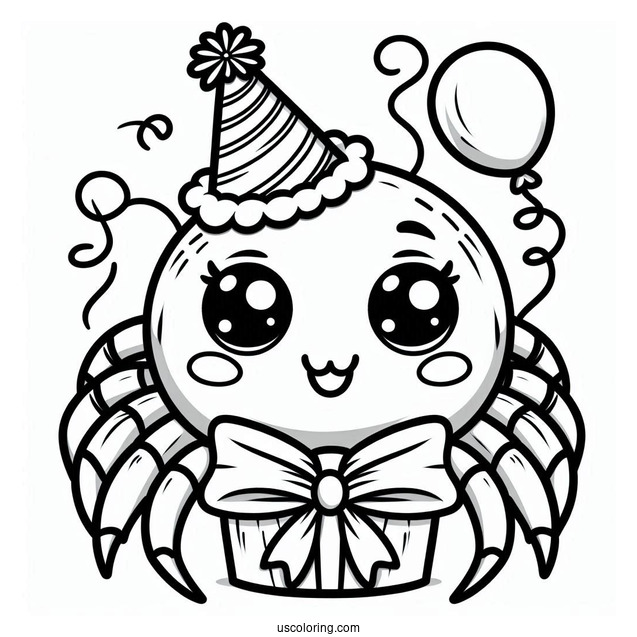 Cartoon Spider Wearing A Birthday Hat Coloring Sheet