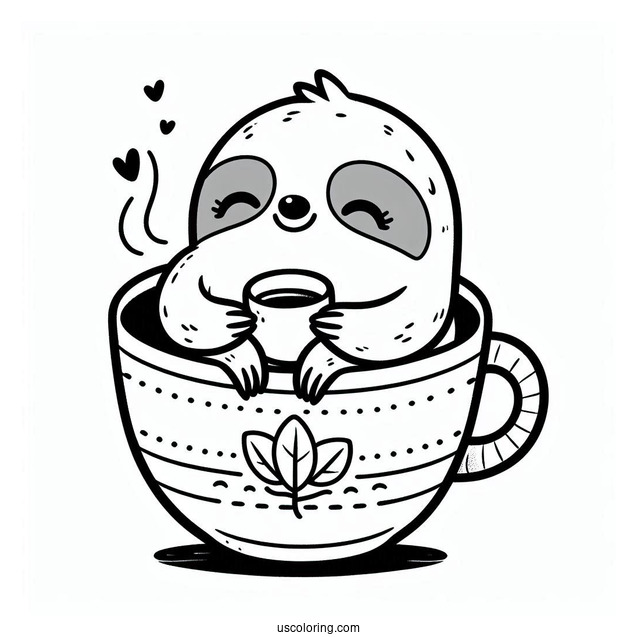 Kawaii Sloth Sitting In Teacup Coloring For Preschoolers