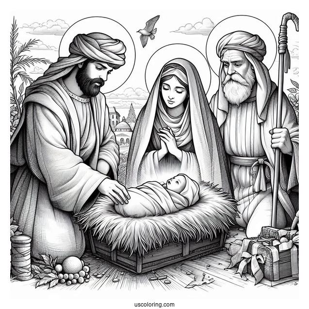 Nativity Coloring Page Of Realistic Wise Men With Joseph And Mary Watching Newborn Jesus