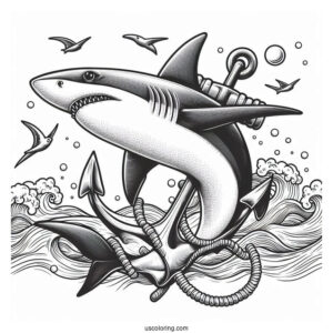 Realistic Hammerhead Shark Coloring Page With Anchor