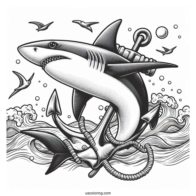 Realistic Hammerhead Shark Coloring Page With Anchor
