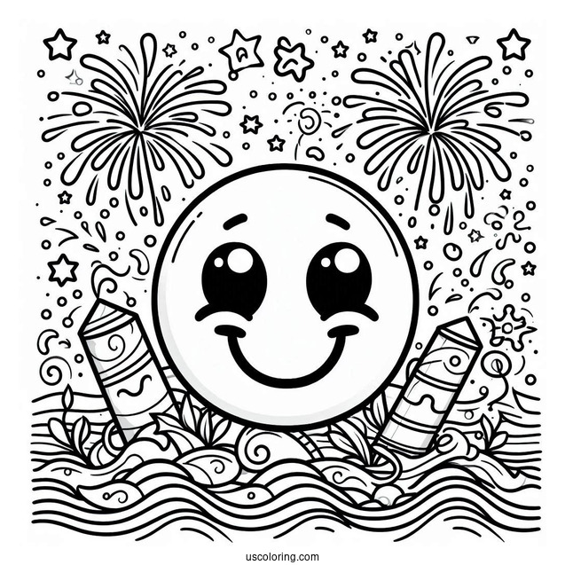 New Year Coloring Page Of Smiling Emoji With Fireworks And Stars