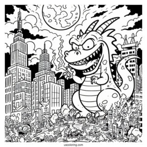 Rugrats Coloring Page Of Scary Reptar Destroying City