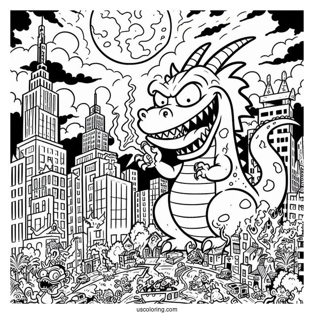 Rugrats Coloring Page Of Scary Reptar Destroying City
