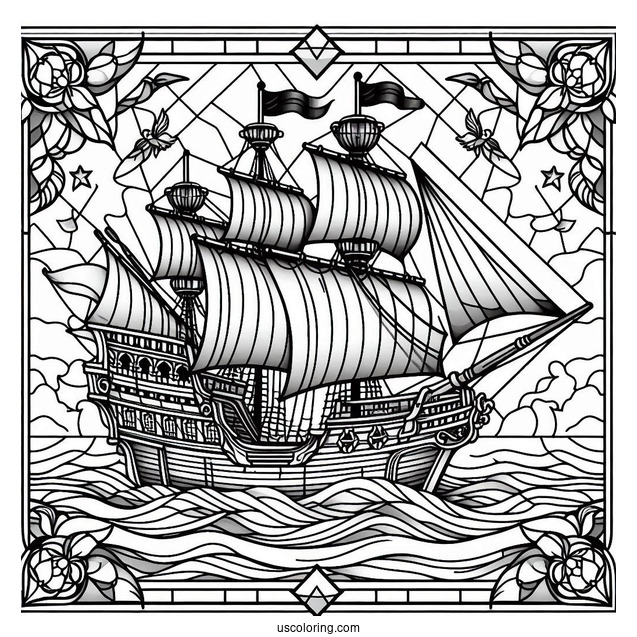 Detailed Pirate Ship Coloring Page Stained Glass