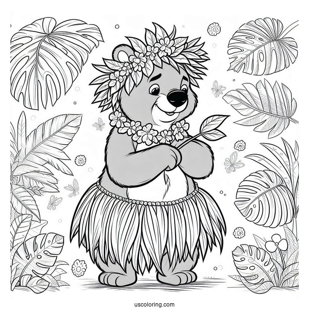 Jungle Book Coloring Page Of Balooo Wearing Hula Skirt And Leaf Headdress For Kids