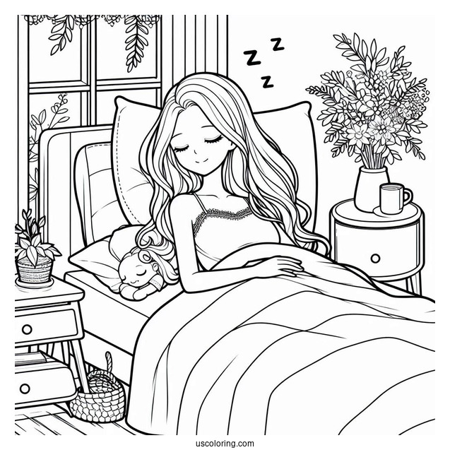 Woman Sleeping In Her Cozy Bedroom Coloring Page For Kids