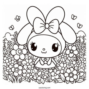 My Melody Coloring Page In Flower Field With Kuromi