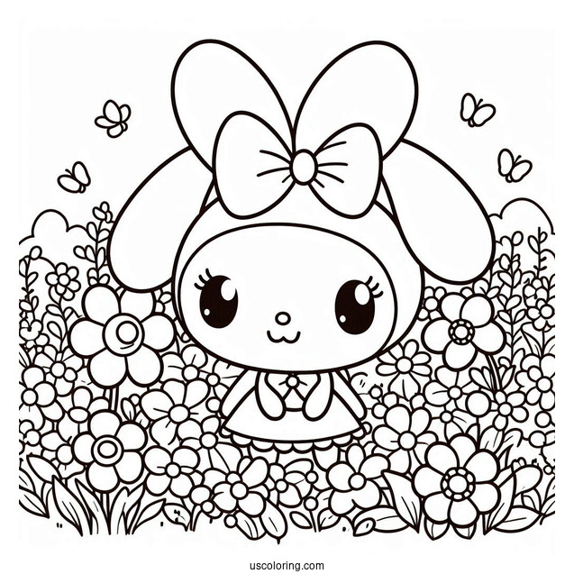 My Melody Coloring Page In Flower Field With Kuromi