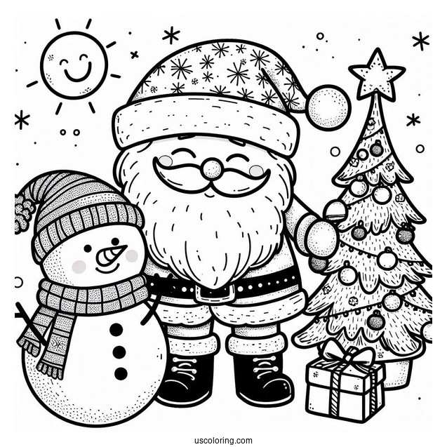 Santa And a Snowman With Christmas Tree