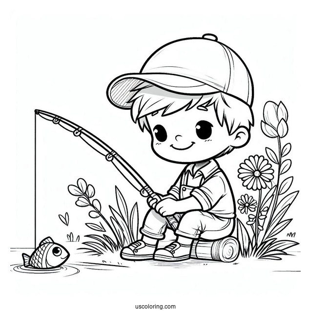 Happy Little Boy Fishing Coloring Page
