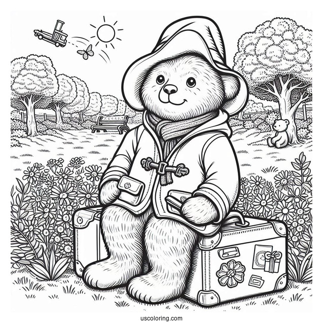 Simple Paddington Coloring Page Sitting On His Suitcase In The Park For Preschoolers
