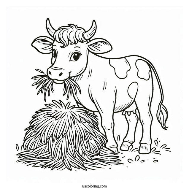 Cow With Horns Eating Hay Coloring Page