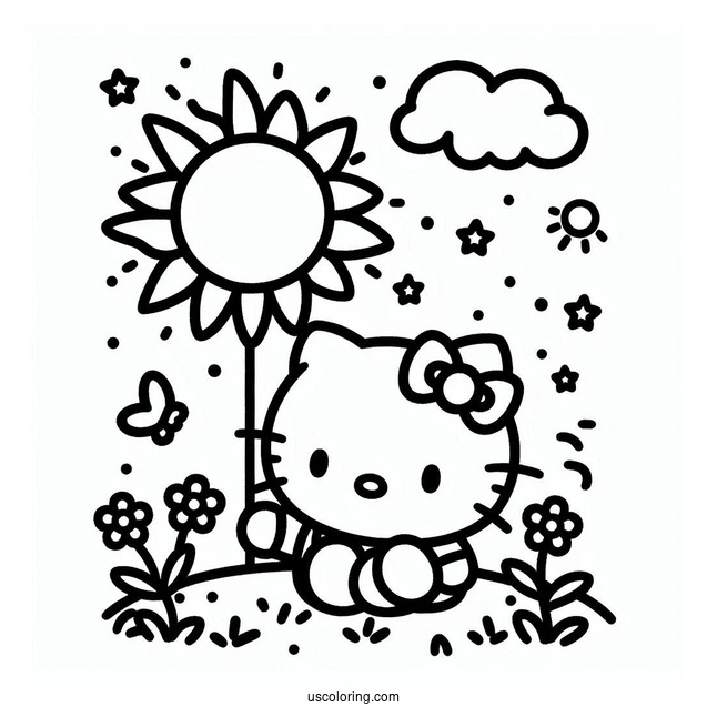 Simple Sun Shining Down On Hello Kitty Coloring Page For Kids