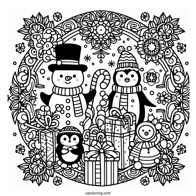 Snowman, Penguin, And Presents In Front Of Christmas Mandala Coloring Page