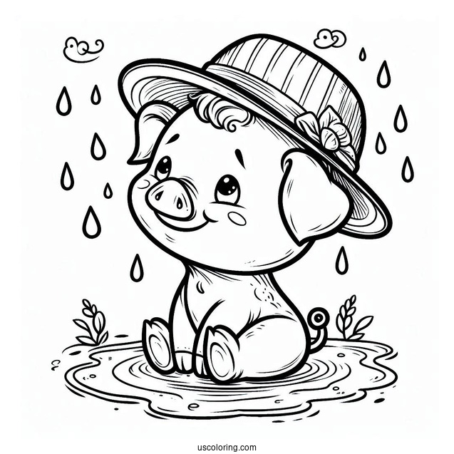 Piglet Coloring Page In A Hat Dripping Wet With Rain