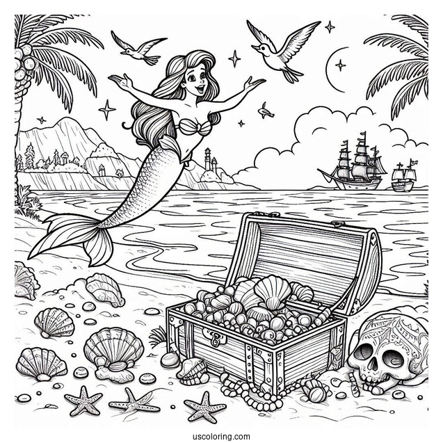 Treasure And Ariel Playing At The Beach Coloring Page