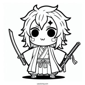 Kawaii Tanjiro Coloring Page Using Nichirin Sword For Kids