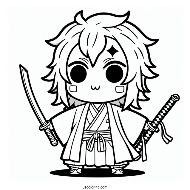 Kawaii Tanjiro Coloring Page Using Nichirin Sword For Kids